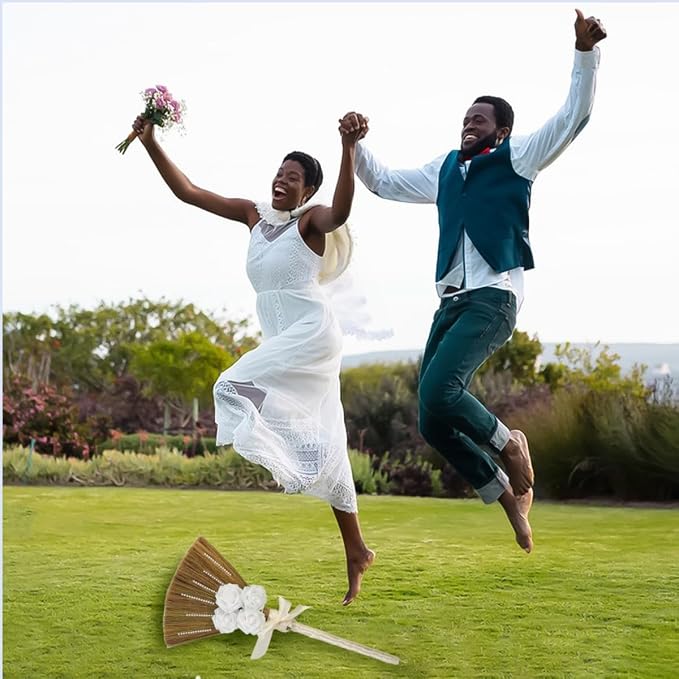 DIY Wedding Jump Broom Kit, 34" African American Jumping the Broom Ceremony Decor, Traditional Ceremonial Straw Broom with 4 White Artificial Flowers, Satin Ribbon & Pearl Stickers
