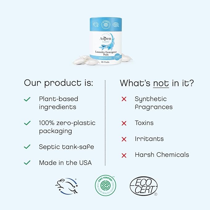 AspenClean | Laundry Pods | Unscented | Clean Detergent for Sensitive Skin | Zero Plastic | Non - Toxic | 100% Natural | EWG Verified - 36 Count