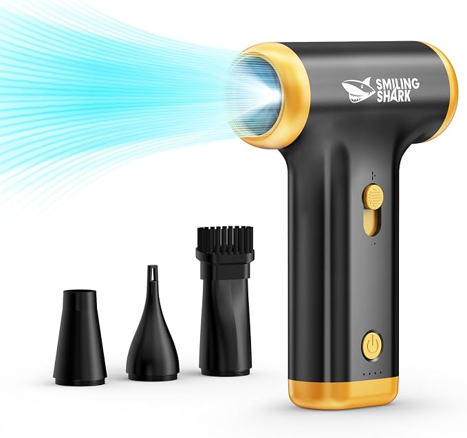 Smiling Shark Compressed Air Duster, JF-01 Brushless Motor Stepless Speed 130000RPM 5Kpa Rechargeable Cordless Electric Air Blower with LED Light for PC Cleaning/Keyboard/Car/Camping, (Black)