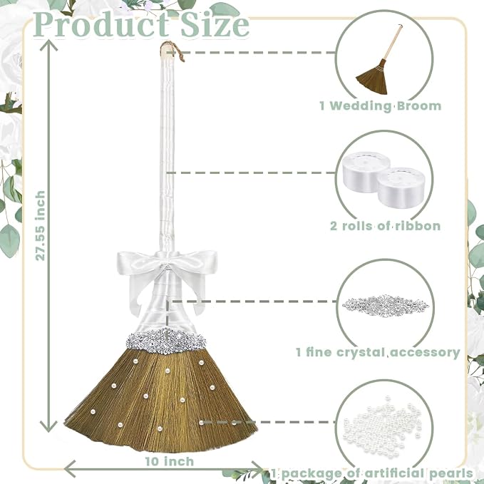 Wedding Brooms for Jumping Ceremony,White Whisk Broom Wedding Broom with White Ribbon and Faux Pearls,Whisk Broom Jumping The Brooms for Wedding DIY Wedding Ceremony Crafts