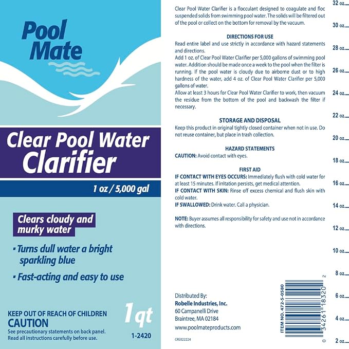 Pool Mate 1-Quart 2-Pack Premium Clear Pool Water Clarifier, Made in USA