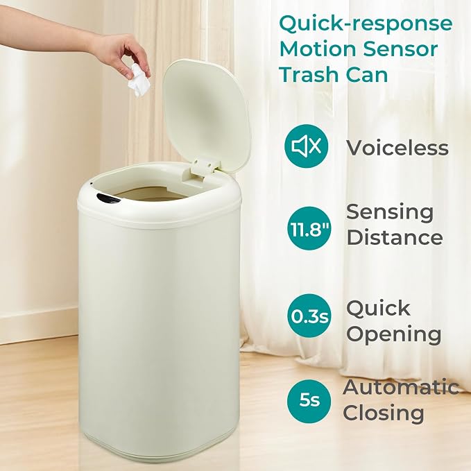 Takywep Stainless Steel 8 Gallon Automatic Trash Can with Lid, 30 Liter Touchless Motion Sensor Kitchen Garbage Can, Smart Cylindrical Trash Can for Home Bathroom Living Room Office, Cream White