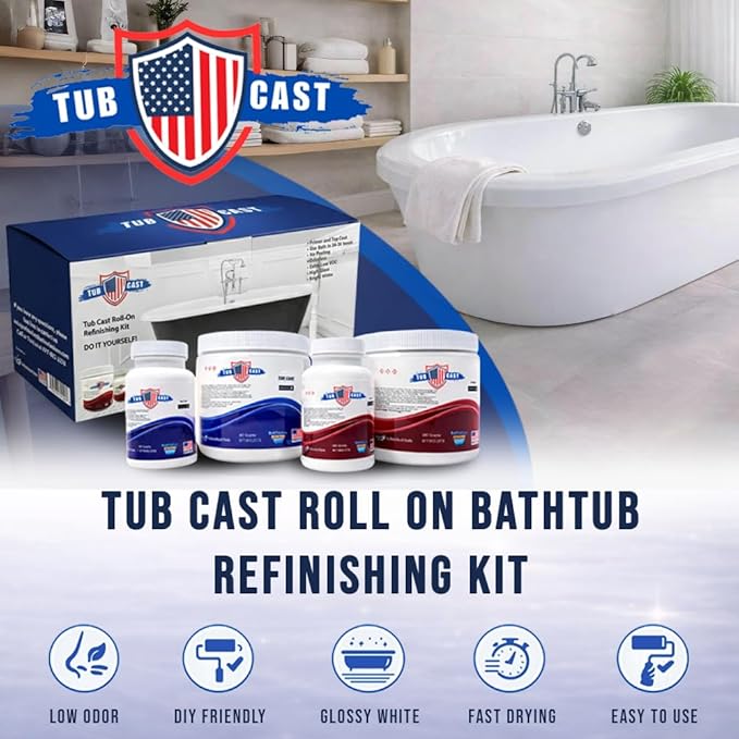 Ekopel Roll On Tub Cast Bathtub and Surround Refinishing Kit – Primer + Top Coat Included – DIY Bathtub & Tile Reglazing Kit for Porcelain, Fiberglass & Cast Iron – Bright White Gloss, Low Odor, Made In The USA Tub Paint (2 Pack Bathtub W/Surround)