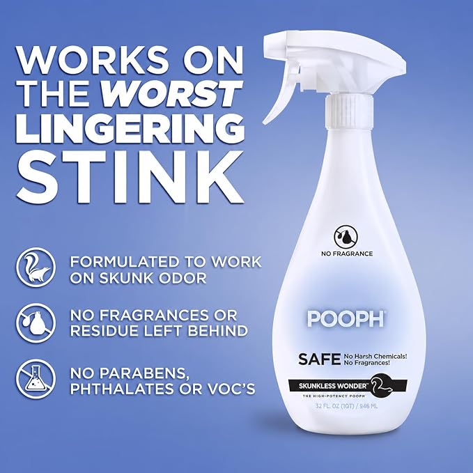 POOPH Skunk Odor Eliminator Spray 32 oz for Dogs, Cats & Outdoor Surfaces — Skunk Smell Remover for Pet Fur, Clothing, Footwear, Yard & Home — Fragance Free, Works on Contact