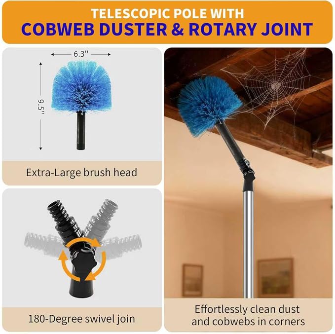 Duster with Extension Pole (20 FT Reach), Light Bulb Changer for High Ceilings & 3-12FT Extension Pole Duster Cleaning Kit, Fan Duster/Cobweb Duster/Window Washing Kit for High Window, Interior Roof