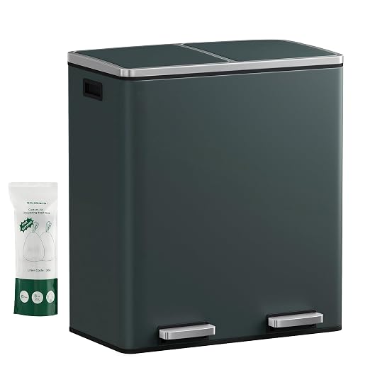 SONGMICS HOME Trash Can with 2 Compartments for Kitchen, Garbage Can with 15 Trash Bags, Greenish Gray