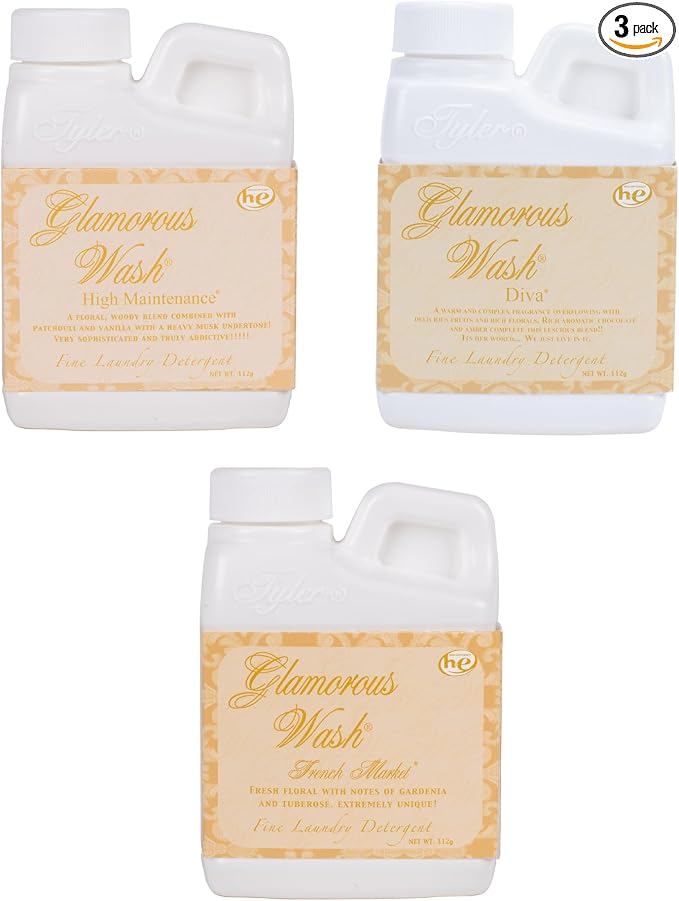Elanze Designs Tyler Candle Glam Wash and Luxurious High Efficient 4 ounce Fine Liquid Laundry Detergent, 3 Scent Assortment, High Maintenance, French Market, Diva