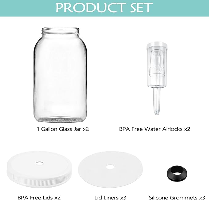 Artcome 2 Pack 1 Gallon Fermentation Jars with Airlocks & Lids - Transform Gallon Jar Into a Fermenter - Perfect for Pickles, Hard Kombucha, Beer, Wine, Cider - Gallon Lid with Econolock Airlock