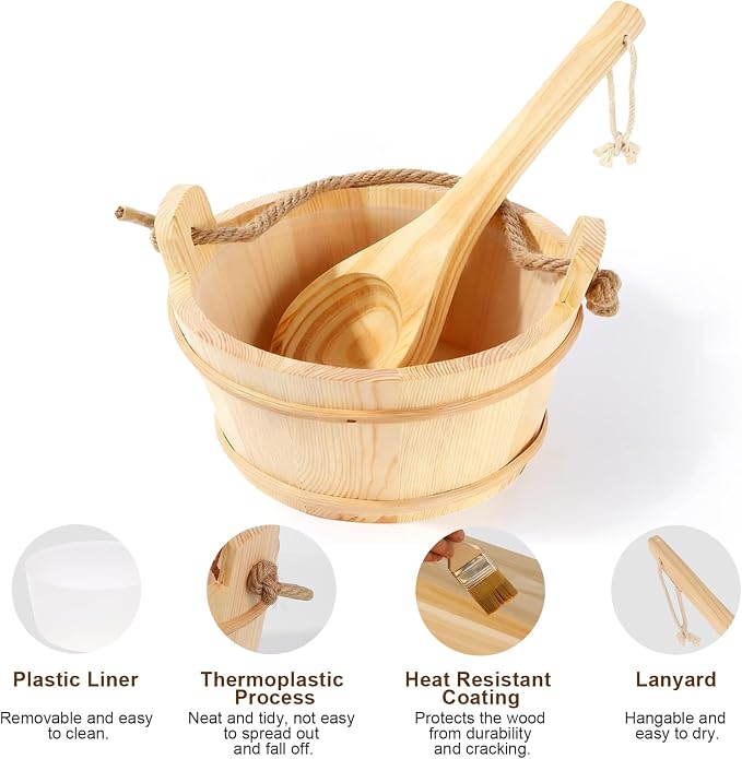 6L Wooden Sauna Bucket and Ladle Set, Handmade Pine Sauna Bucket with Rope Handle,Natural Pine