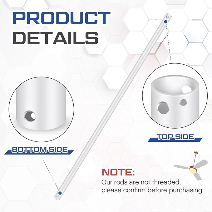 VIHOSE 48 Inch Ceiling Fan Downrod with Extension Cord 4 ft White Downrod for Ceiling Fan 1 Inch Outside Diameter Not Threaded Suitable for a Wide Range of Fans