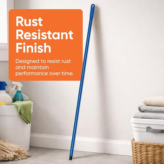 Superio Heavy Duty Alloy Steel Mop & Broom Handle, 48 Inch Long, Universal Threaded Metal Handle for Cleaning Tools, Durable Rust-Resistant Pole with Hanging Loop, Grey