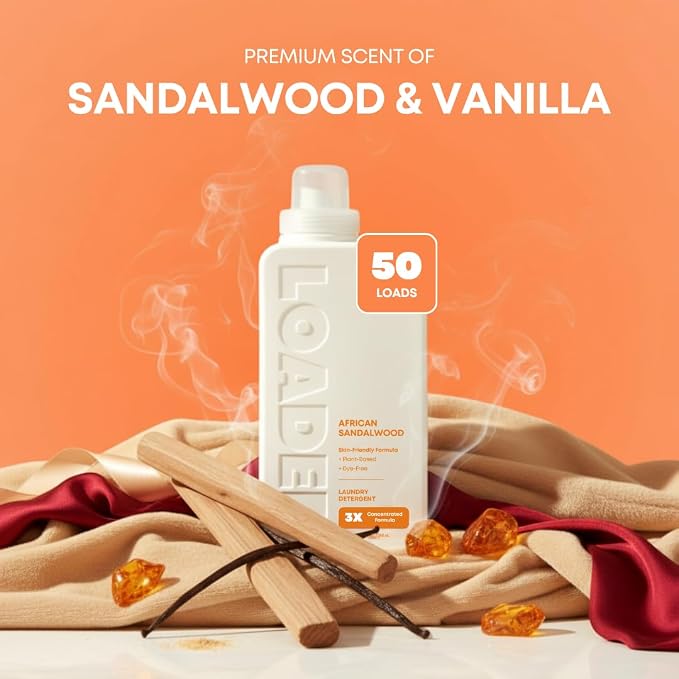 Loaded Laundry Detergent, Luxury Cologne Scented | 50 Loads | Sandalwood & Vanilla | Skin-Friendly & Plant-Based | Made in USA | 32 oz