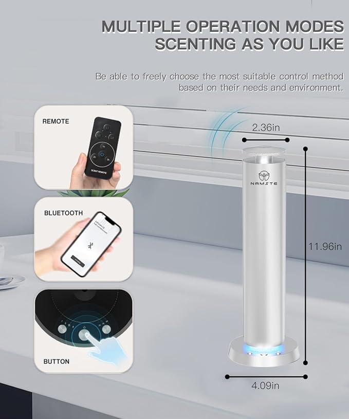 Wireless Scent Machine,1800 Sq.Ft APP Control LED Light Ultra Quiet | Waterless Cold Air Aromatherapy Diffuser, Button Control, Sleek Silver Design, for Modern Home & Bedroom