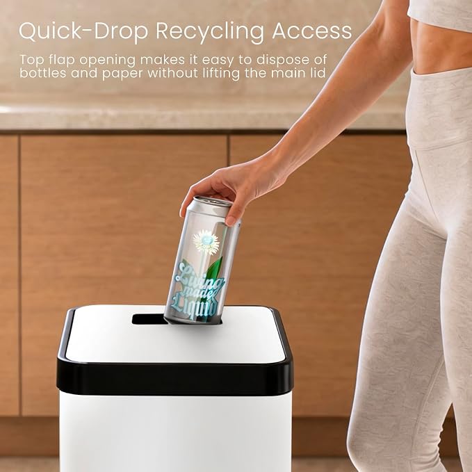 Home Zone Living 19 Gallon Kitchen Trash Can with Dual Compartments for Recycling, CleanAura Odor Control, Stainless Steel, Matte White, 70 Liters Total
