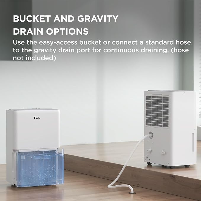 TCL 25-Pint Capacity Quiet, Energy Efficient Portable Dehumidifier, Precise Humidity Control, Bucket or Continuous Drain, Compact Humidity Absorber for Home, Attic, Garage & Rooms up to 2000 Sq Ft