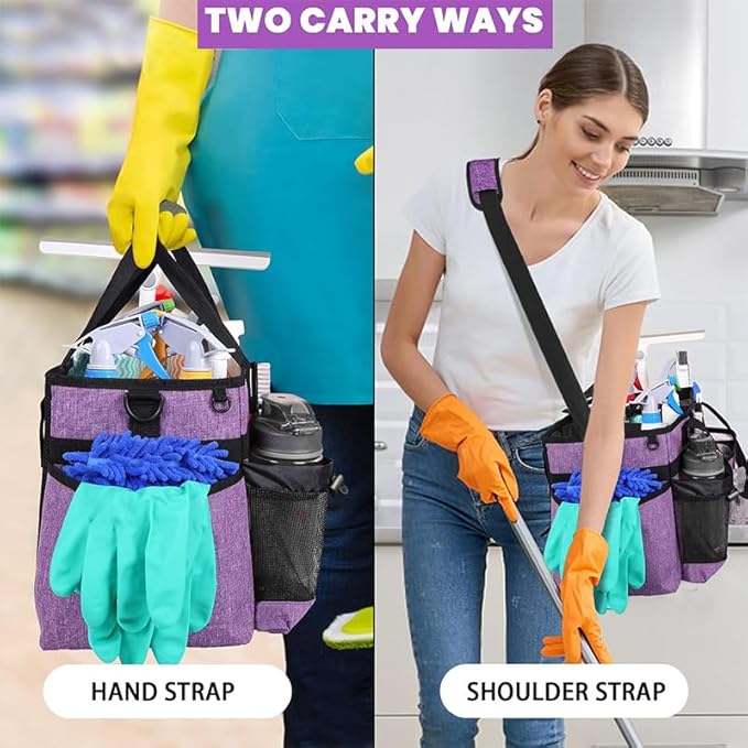 Wearable Cleaning Caddy Bag,Cleaning Supply Tote for Cleaning Supplies, Cleaning Organizer with Adjustable Shoulder and Waist Straps for Cleaners & Housekeepers (Enlarged Purple, Plus)