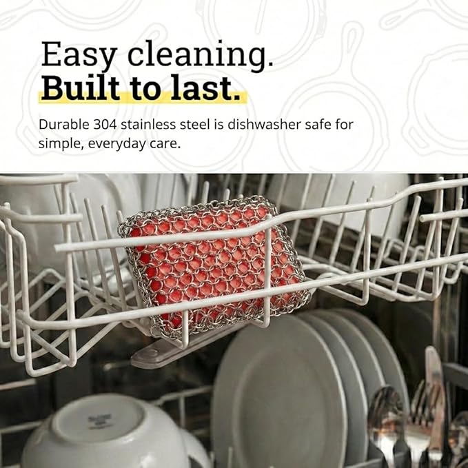 Lodge Chainmail Scrubber for Cast Iron Pans - Heavy Duty Stainless Steel Scrubbing Pad for Skillets, Dutch Ovens & Griddle Pans - Essential Cast Iron Cleaning Tool - Red