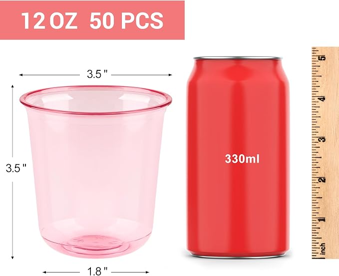 50 Pcs Pink Plastic Cups, 12oz Disposable Stemless Wine Glasses Pink Cocktail Party Cups for Graduation, Meeting, Wedding, Birthday Party