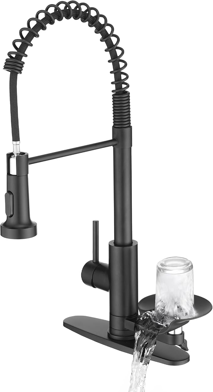 Kitchen Sink Fuacet with Glass Rinser, Single Handle Kitchen Faucet with Pull Down Sparyer, 304 Stainless Steel, Deck Plate, Matte Black
