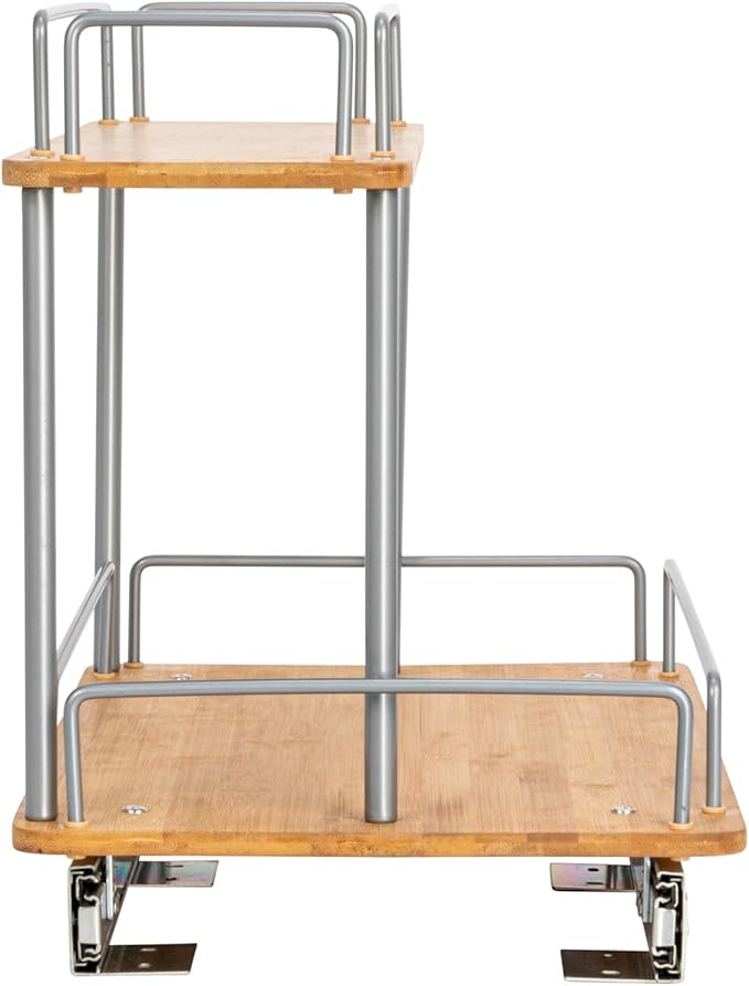 Household Essentials Glidez Steel and Bamboo Pull-Out/Slide-Out Storage Organizer for Under Sink or Cabinet Use - 2 -Tier Design - Fits Standard Size Cabinet or Shelf, Brushed Silver and Natural