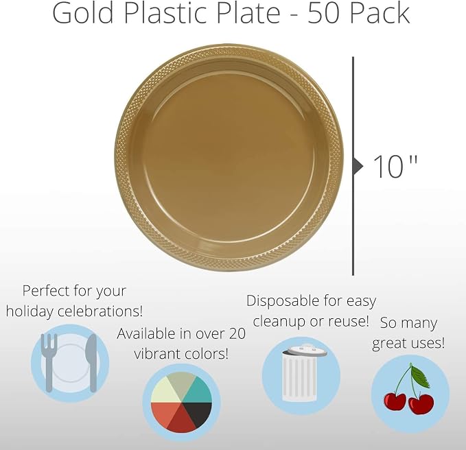 Exquisite Party Solids Gold Plastic Plates For Party Supplies 10" Gold Disposable Plates Heavy Duty 50 Pcs Plastic Dinnerware Sets Heavy Duty 350 GSM Disposable Dinnerware Set
