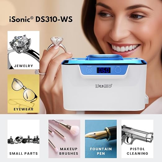 iSonic® DS310-WS+CSGJ01 Miniaturized Commercial Ultrasonic Cleaner with Integrated Stainless Steel Beaker Holder Set, White and Sapphire Blue, with a Bottle of Cleaning Solution
