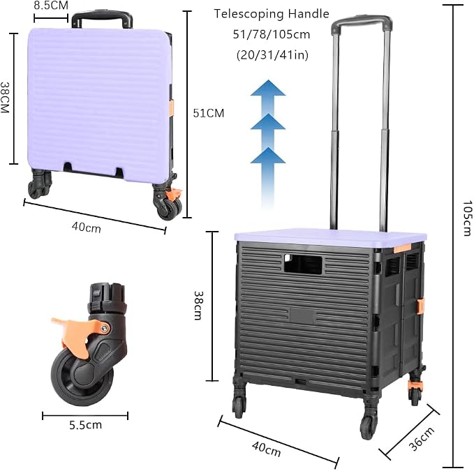 FELICON SELORSS Foldable Utility Cart Folding Portable Rolling Crate Handcart with Heavy Duty Telescoping Handle Collapsible 4 Rotate Wheels for Travel Shopping Move Luggage Office Use(Black+Purple)