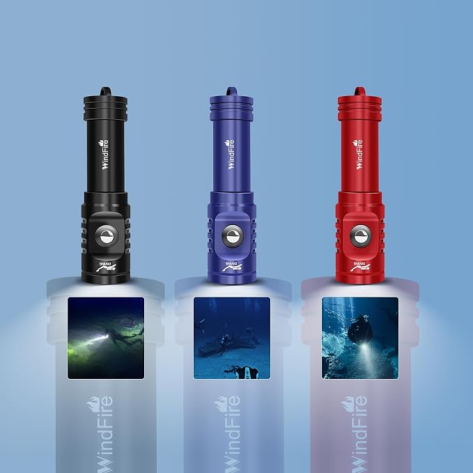 WINDFIRE TS08 Dive Light Super Bright, Scuba Flashlight Rechargeable, IP68 Waterproof 197 ft Depth Underwater Flashlight, 3 Modes & Power Indicator, Snorkeling Torch for Night Diving