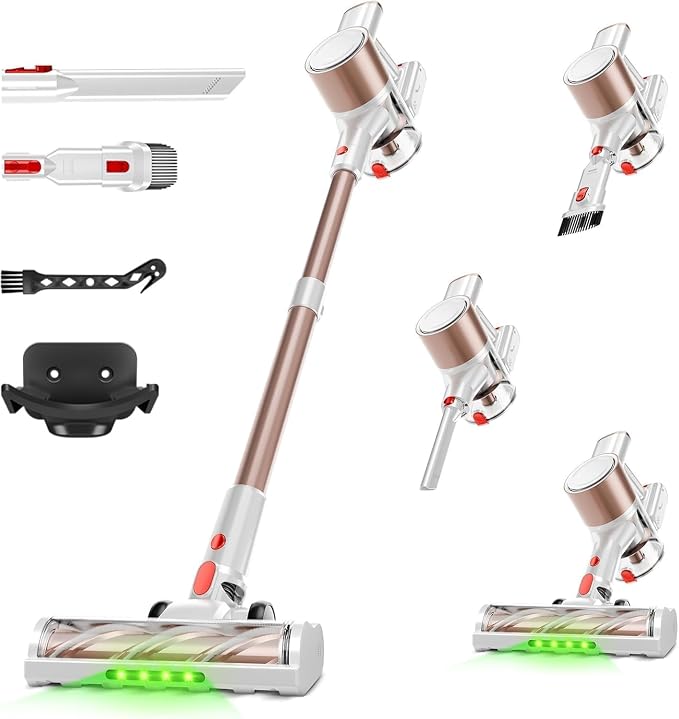 Cordless Vacuum Cleaner, 40Kpa Vacuum Cleaners for Home, Cordless Vacuum with LED Display, 8 in 1 Rechargeable Vacuum (Gold)