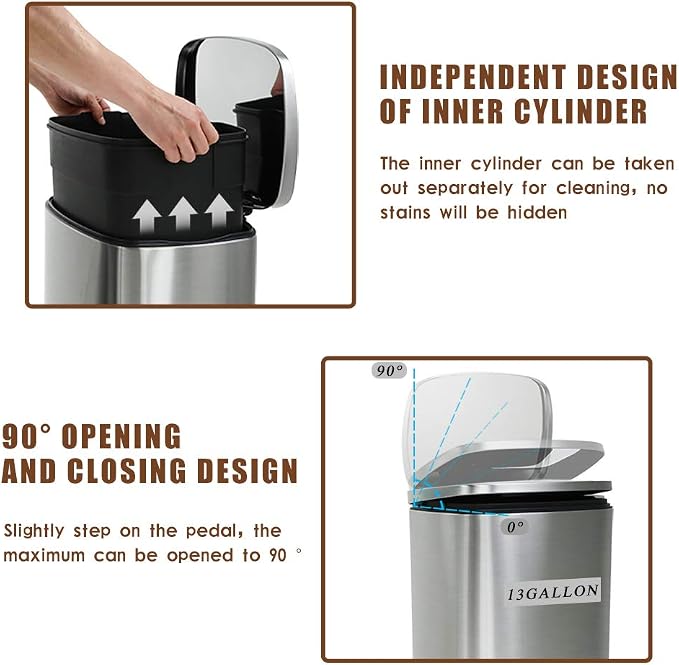 BestOffice 13.2 Gallon(50L) Trash Can, Fingerprint Proof Stainless Steel Kitchen Garbage Can with Removable Inner Bucket and Hinged Lids, Pedal Rubbish Bin for Home Office