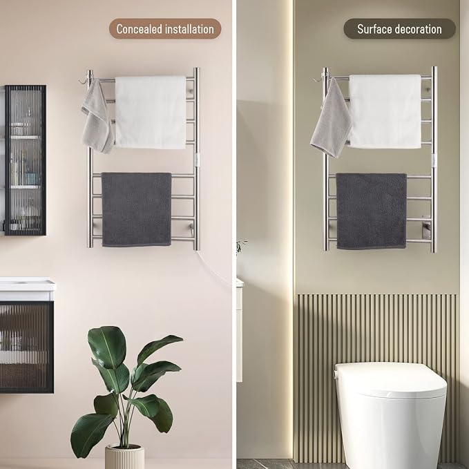 8-Bar Towel Warmer Plug-in Hardwired 3 Modes Brushed Steel 21”W 34”H | NORTTA 8-Bar Towel Warmer Plug-in Hardwired 3 Modes Brushed Steel 21”W 34”H