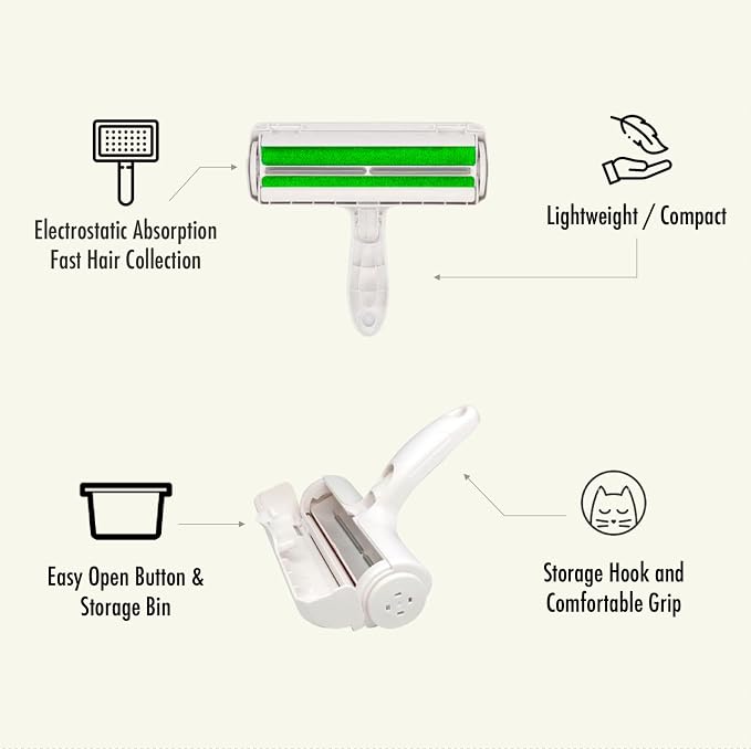 Roller Pet Hair Remover and Reusable Lint Roller - Cat and Dog Hair Remover for Furniture, Carpet, Clothes, Bedding and Car Seats- Lightweight, Multi-Surface Fur Removal Tool (Green)