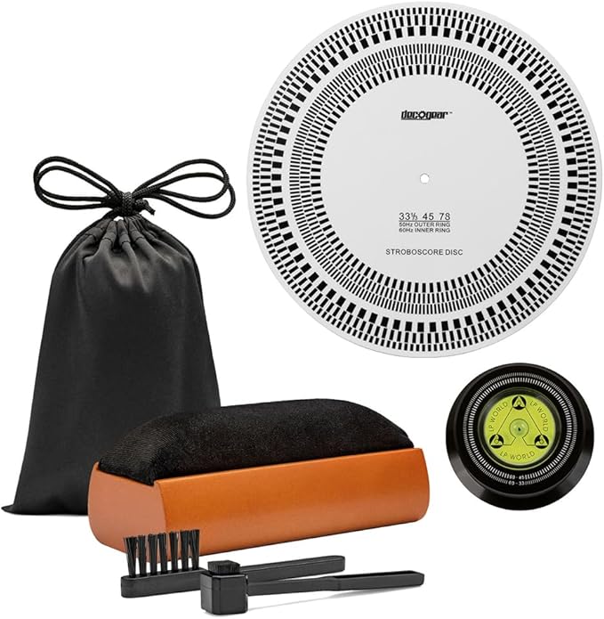 Deco Gear Vinyl Care Turntable Bundle: Cleaning Kit + Stroboscope + Record Stabilizer + Audio-Technica Record Care Solution