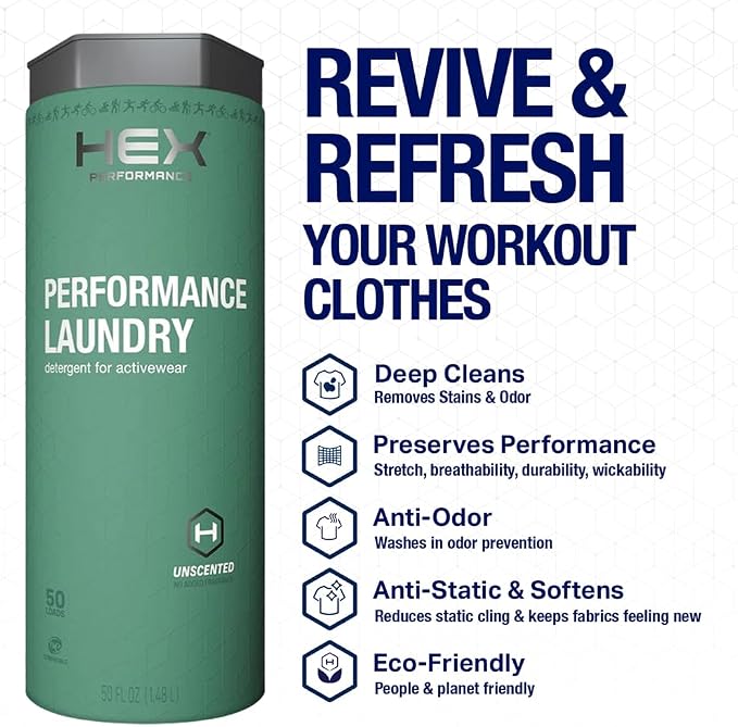 HEX Performance Laundry Detergent, Unscented, 100 Loads (50ld Pack of 2) – Concentrated Activewear Detergent for Odor Removal, Sweat & Residue, Fragrance-Free, HE Compatible, Biodegradable Formula