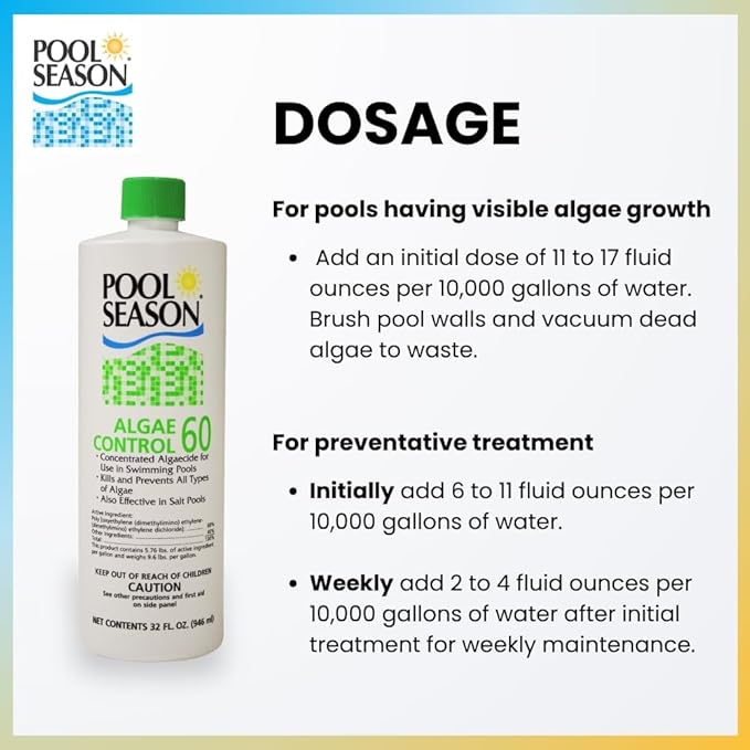 Polyquat 60 Algaecide for Swimming Pool, Highly Concentrated Pool Algaecide & Algae Killer for Black, Green & Mustard Algae, Inground & Above Ground Pools, Professional Grade Treatment, 32 oz
