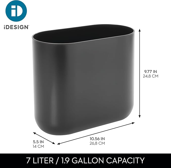 iDesign Small Slim Plastic Bathroom Trash Can, Garbage Can for Bedroom, Office, Desk, Dorm, Gray