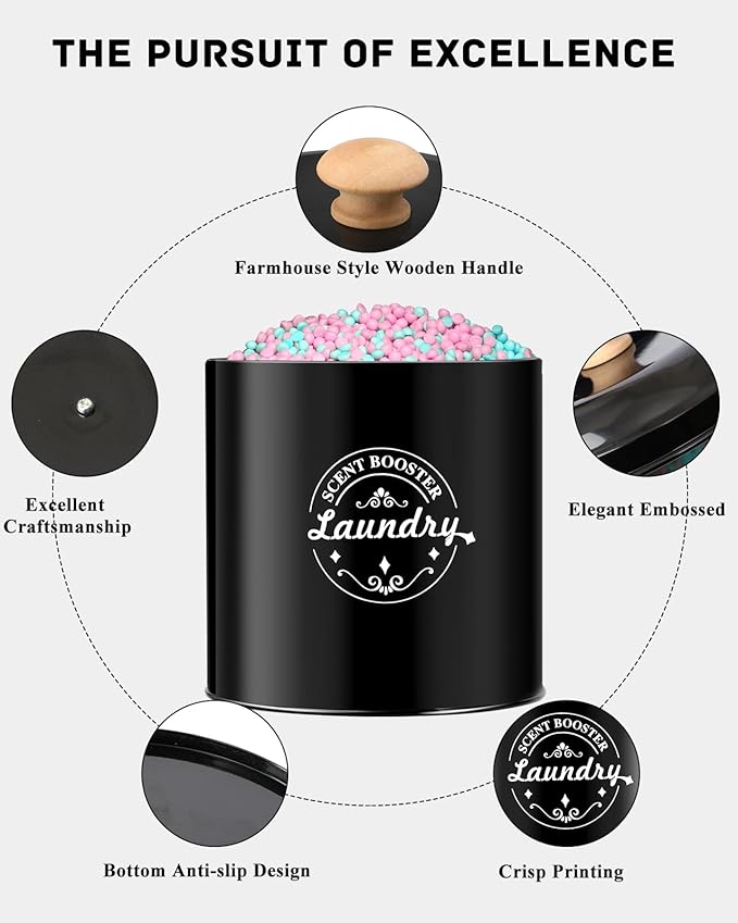 Laundry Scent Booster Beads Dispenser Container for Laundry Room Organization. Laundry Containers for Organizing with Lid. Metal Farmhouse Laundry Room Decor. Laundry Dispenser for Detergent (Black)