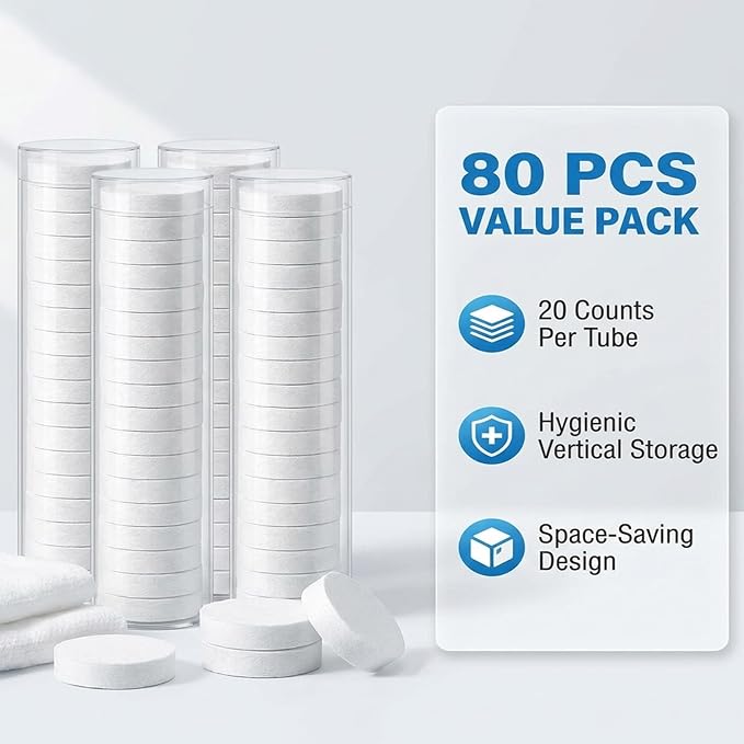 Disposable Compressed Facial Towels Refills for Hot Towel Warmer | 4 Buckets Pack, 80 Pcs Disposable face towel, Compact Travel Coin Tissue for Home Skincare, Makeup Remover and Camping