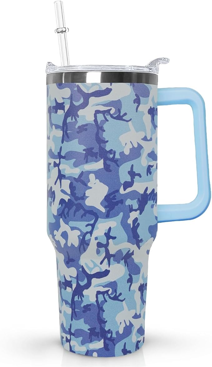 Ceovfoi 40oz Blue Camo Tumbler with Handle Lid Straw, Vacuum Insulated Coffee Mug Water Bottle, Camouflage Decor Gifts for Men Women