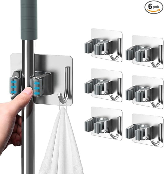 homeasy Mop Broom Holder No Drill, Mop Broom Organizer Wall Mounted Heavy Duty with Hooks Hanger, Self Adhesive Stainless Steel 6Pcs for Bathroom, Kitchen, Office (Silver)