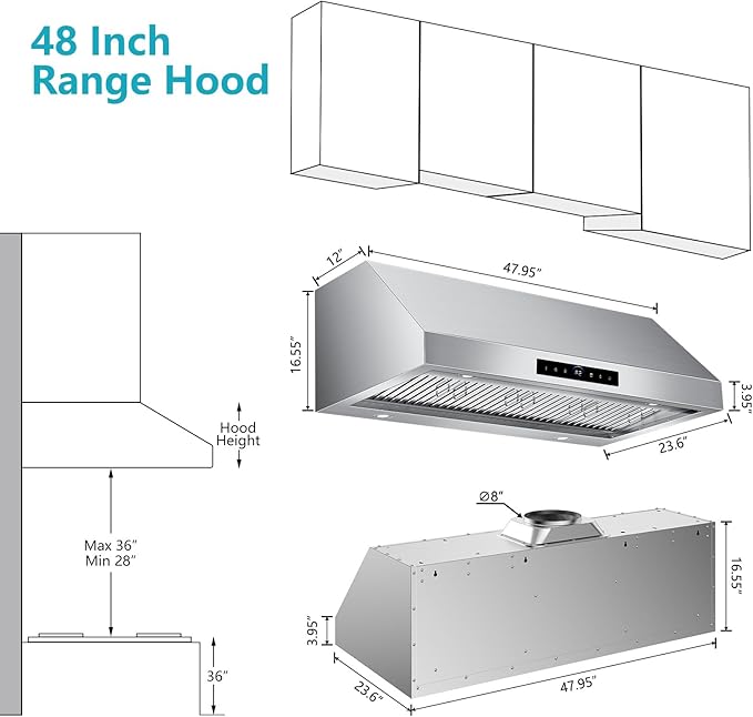 48 inch Under Cabinet Range Hood 1500 CFM with 4-Speed Gesture Sensing & Touch Control, Stainless Steel Kitchen Stove Vent Hoods with 4 LED lights, Time Setting, Dishwasher-Safe Baffle Filters
