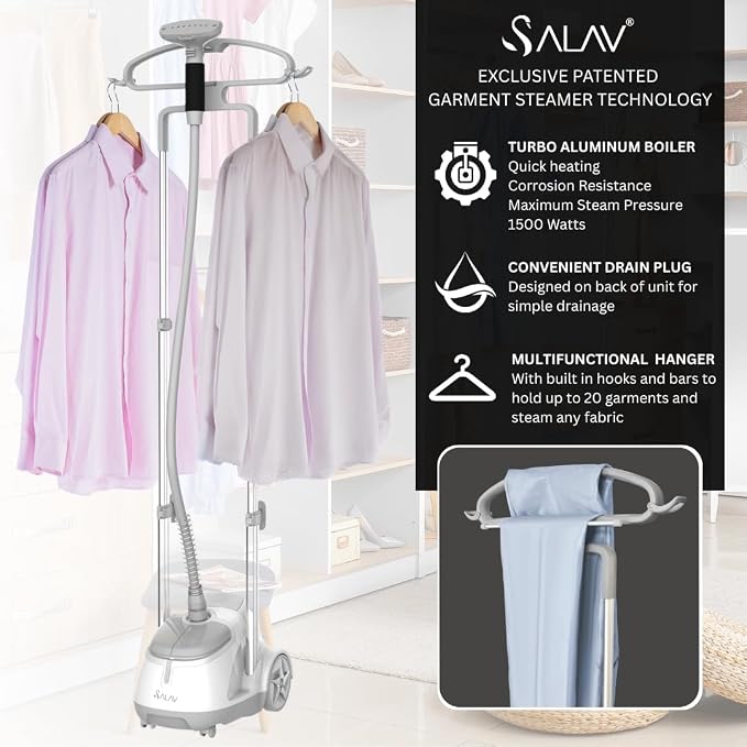 SALAV Professional Standing Garment Steamer with Retractable Power Cord, Foot Pedal Control