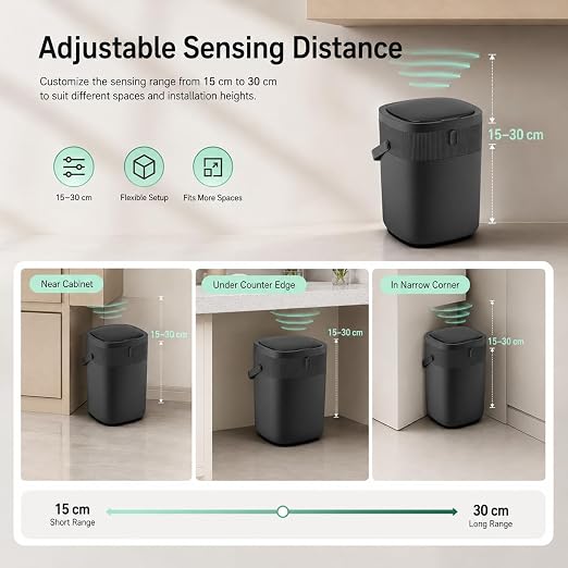 WM-DZT-12-36S Smart Motion Sensor Trash Can, Ultra-Quiet Soft-Close | Long Battery Life | Built-in Bag Storage & Portable PU Handle (Black)