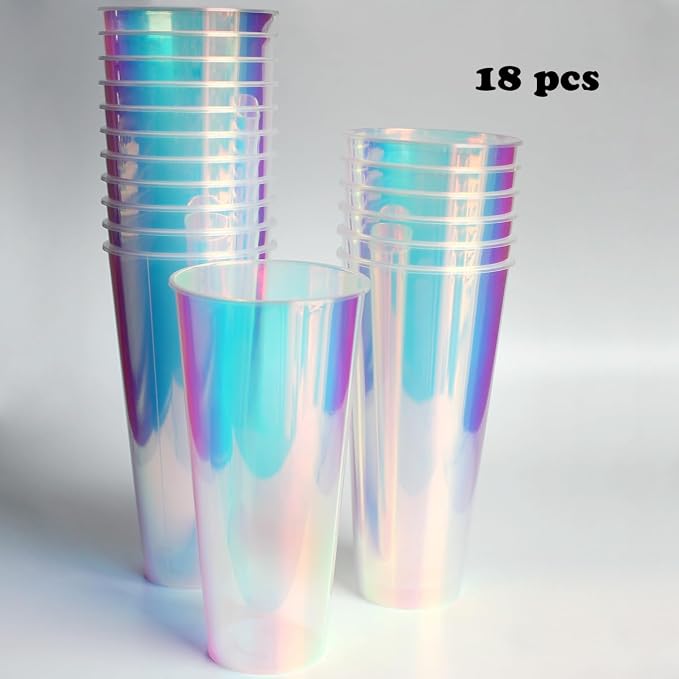 18 Pcs Iridescent Clear Plastic Cups 23oz Fancy Thick Neon Disposable Drinking Cups Cute Glitter Holographic Hard Plastic Cup for Party Decoration (Clear)