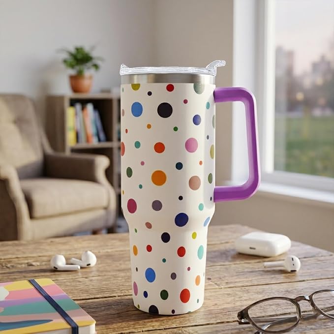 Ceovfoi 40oz Polka Dot Tumbler with Handle Lid Straw, Vacuum Insulated Coffee Mug Water Bottle, Classic Print Decor Gifts for Women