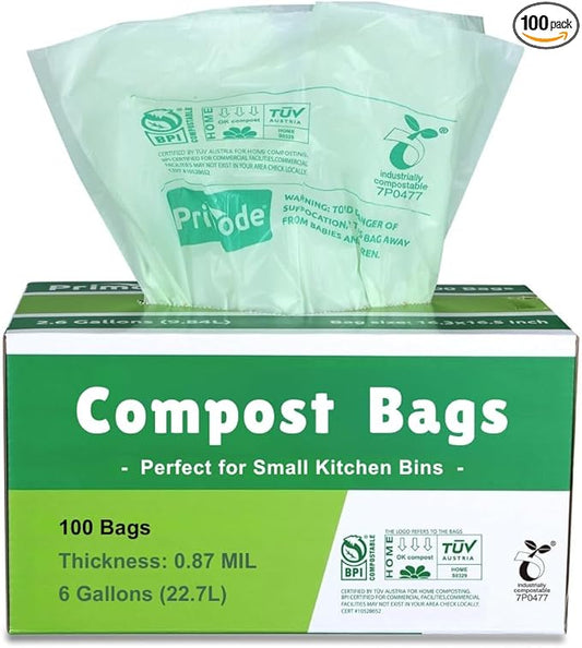 Primode Compostable Bags, 6 Gallon Food Scraps Yard Waste Bags, 100 Count, Extra Thick 0.87 Mil. ASTMD6400 Compost Bags Small Kitchen Trash Bags, Certified By BPI And TÜV AUSTRIA,