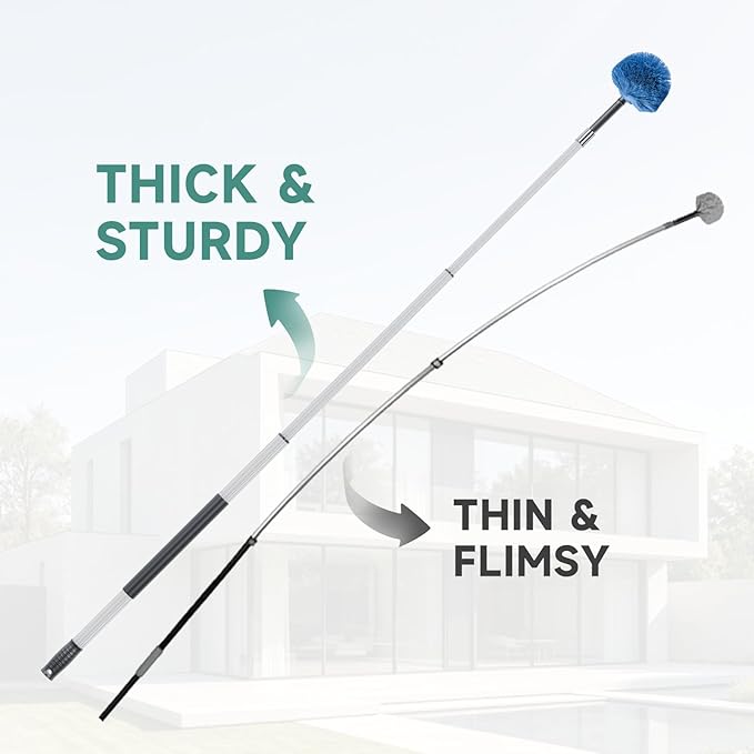 4-10 FT Spider Web Brush with Pole, Cobweb Duster with Extension Pole for Outdoor & Indoor Cleaning, Washable Cleaning Duster Kit with 2 Duster Heads for High Ceilings 18 Ft Reach