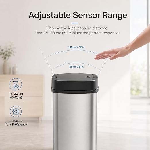 DZT-12-5 12L Stainless Steel Smart Waste Bin with Motion Sensor | Touchless Auto-Open Lid & Soft-Close for Bathroom, Kitchen & Office (Sliver)