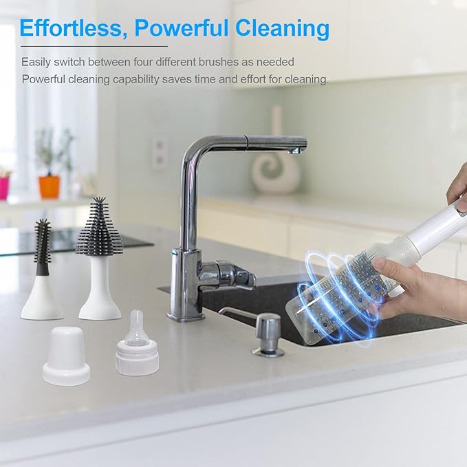 Electric Bottle Brush Cleaner Kit with Rechargeable Baby Bottle Brush Cleaner, Pacifiers Cleaner,Gap Cleaner, Long Straw Brush, Waterproof,Baby Newborn Essentials,Gift for Mothers,White