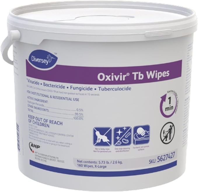 Oxivir Diversey 5627427 Tb Disinfectant XL Wipes, Accelerated Hydrogen Peroxide Based Cleaner Disinfectant, Ready-to-Use, Unscented, 160-Wipes, 1 Bucket (Pack of 4)
